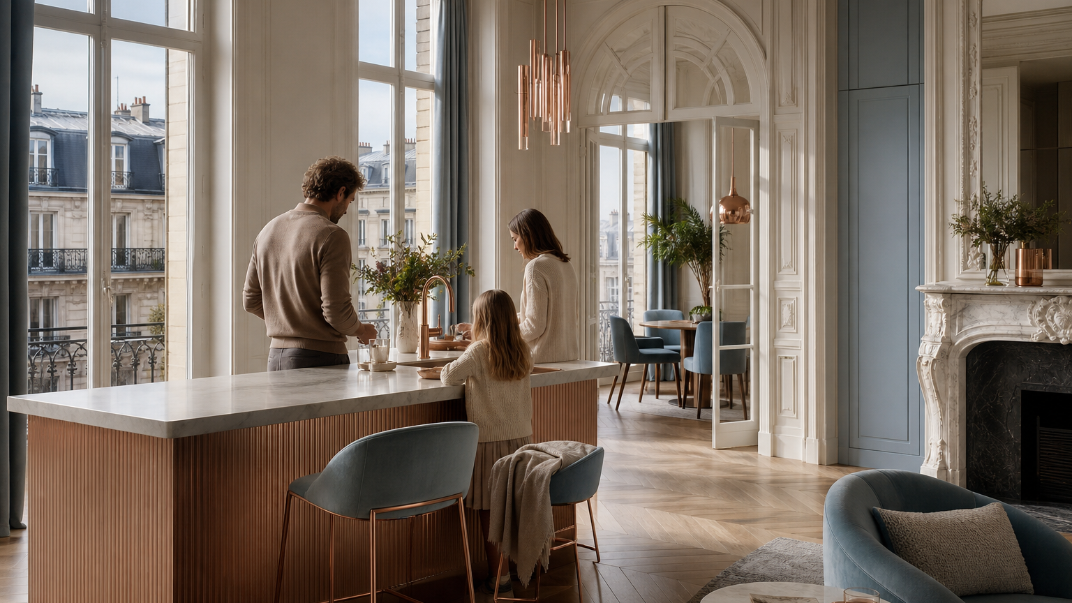 Paris kitchen atmosphere with soft slate panels and rose-gold water-zone glow for smart faucet context.