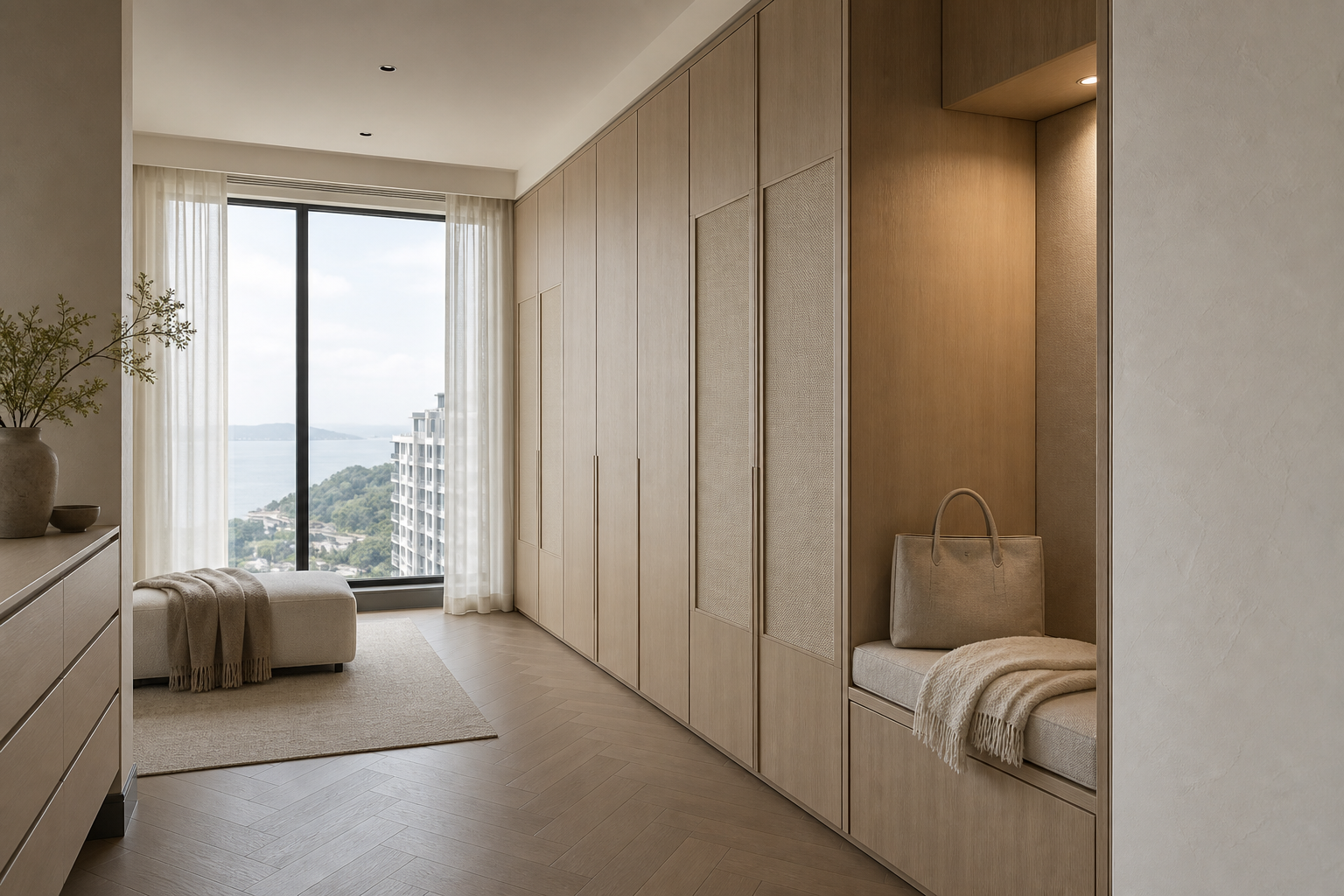 Fadior Elementum Wardrobe Suite with Satin Linen Packing Alcove — interior room context showing cabinet integration