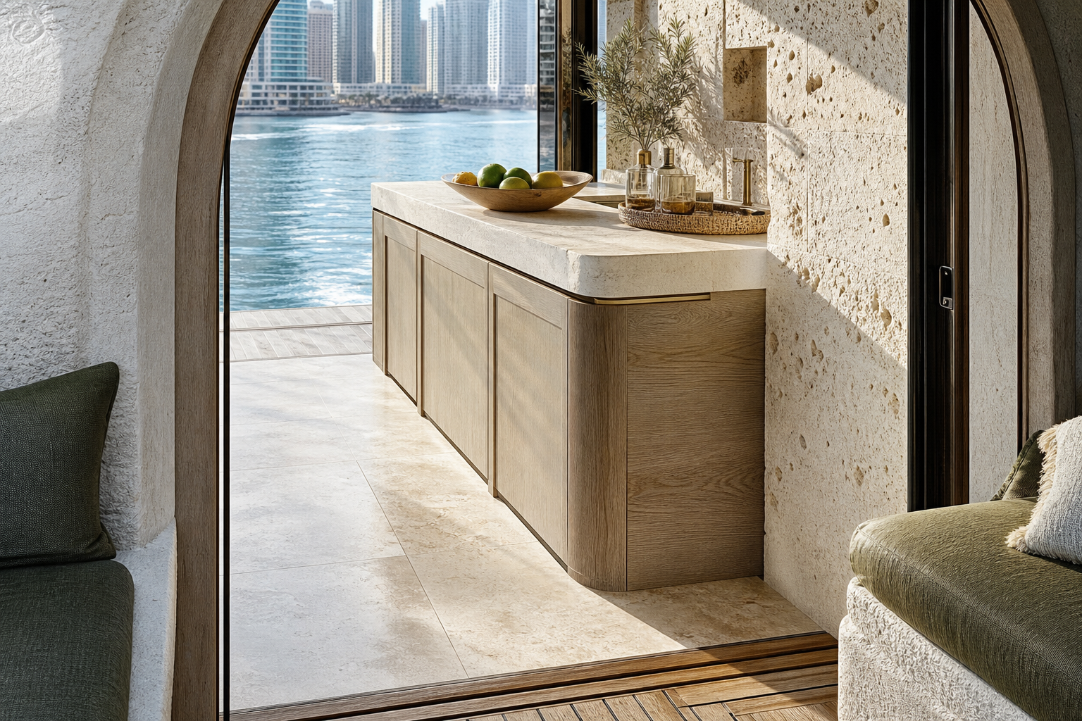 Fadior Dubai Marina Yacht Galley — Dubai yacht finish study with cabinet face, stone counter, textured wall, floor tile,
