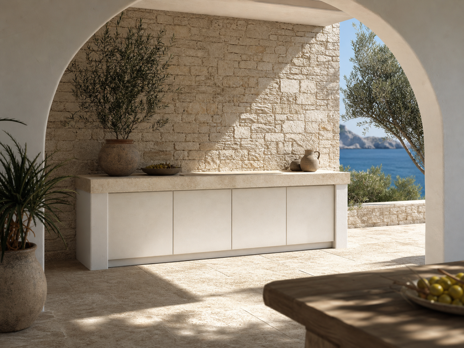 Fadior Vantage Outdoor Kitchen Suite with Limestone Tide Service Run — interior room context showing cabinet integration
