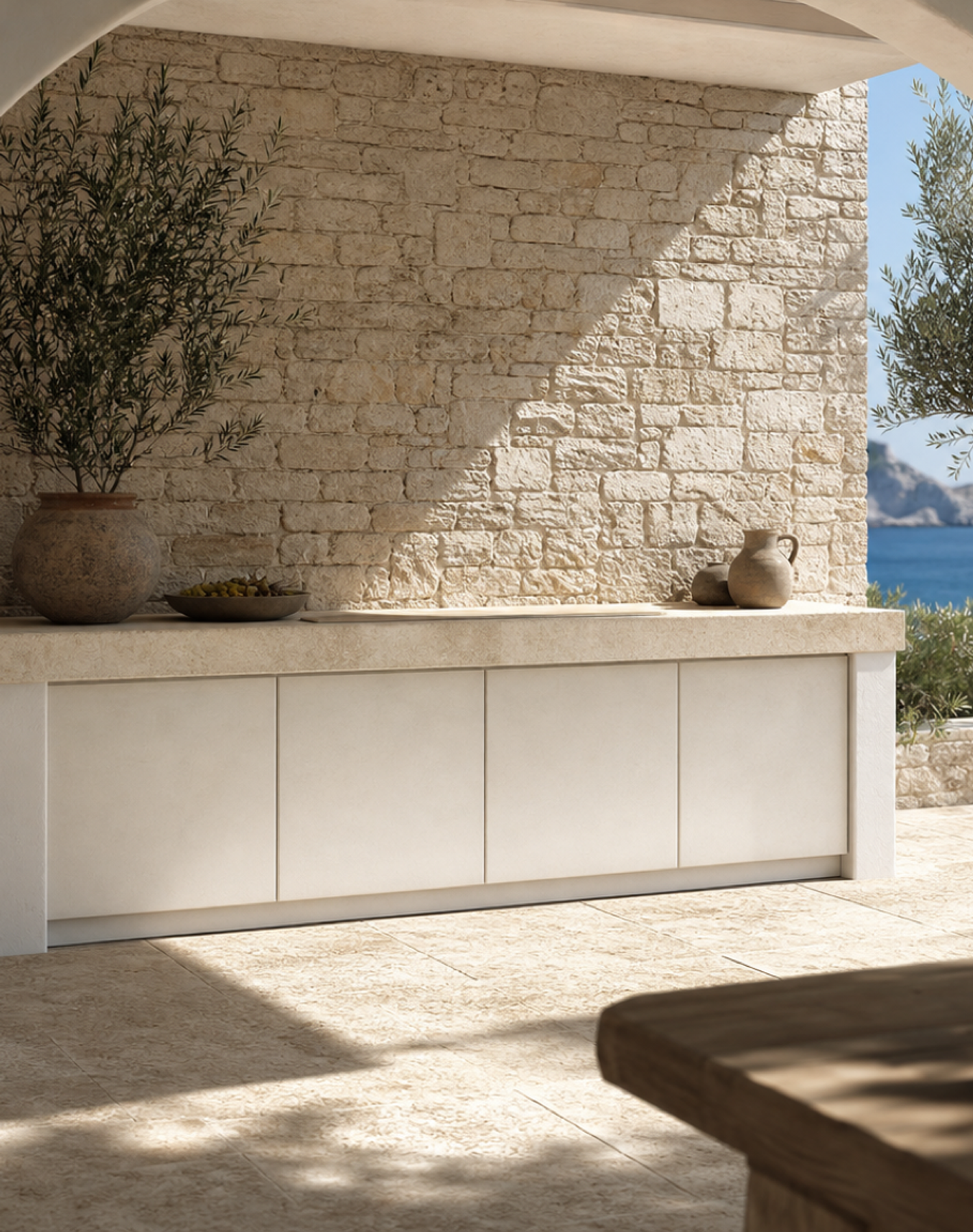 Fadior Vantage Outdoor Kitchen Suite with Limestone Tide Service Run — interior room context showing cabinet integration