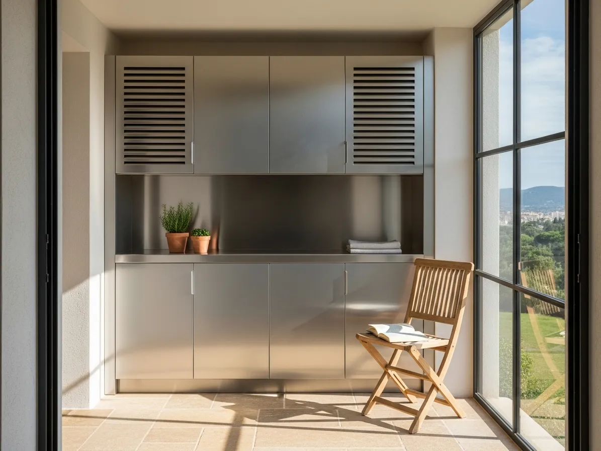 Balcón Fadior con mobiliario en acero inoxidable 304