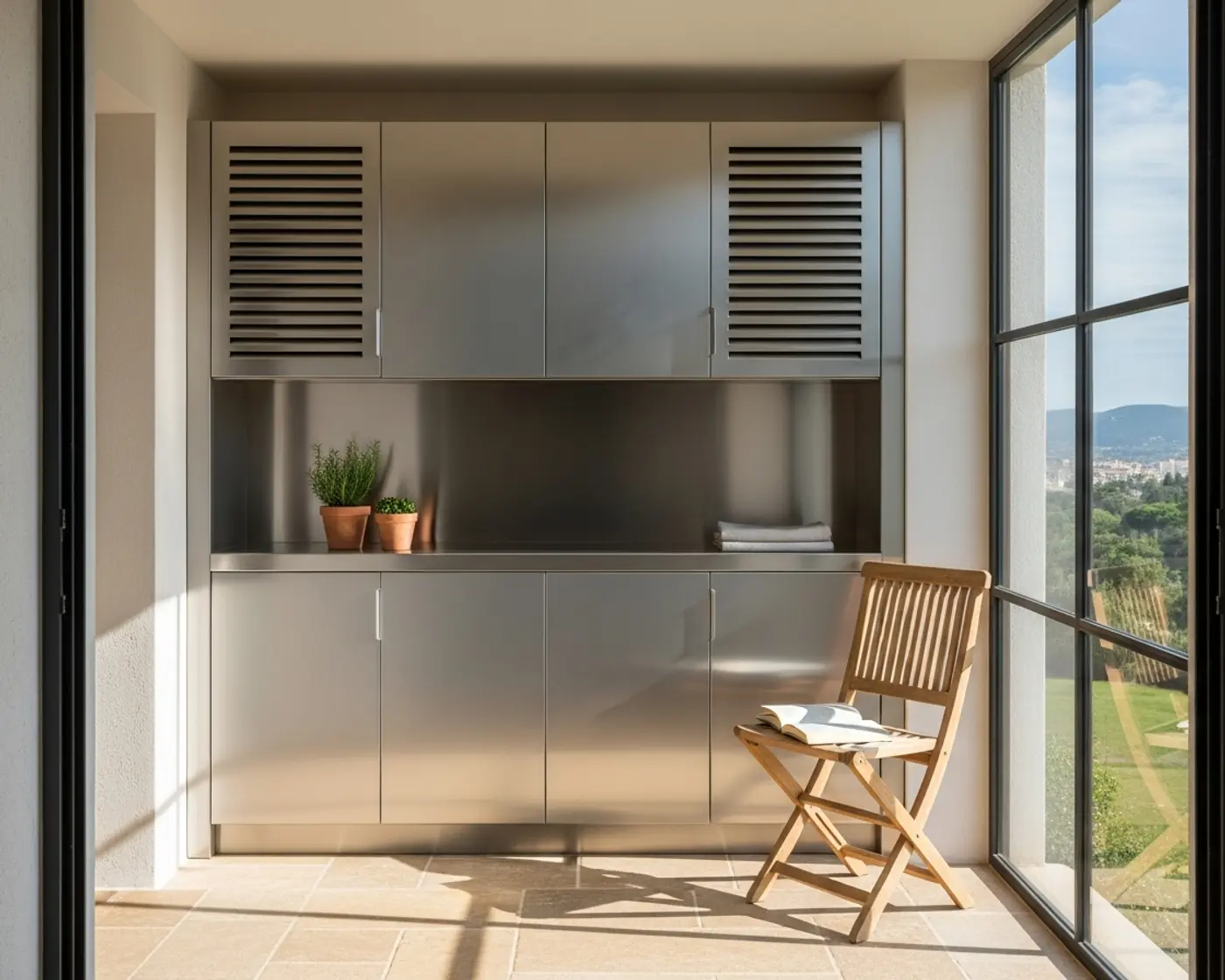 304 stainless steel balcony cabinets beside floor-to-ceiling windows for semi-outdoor utility storage