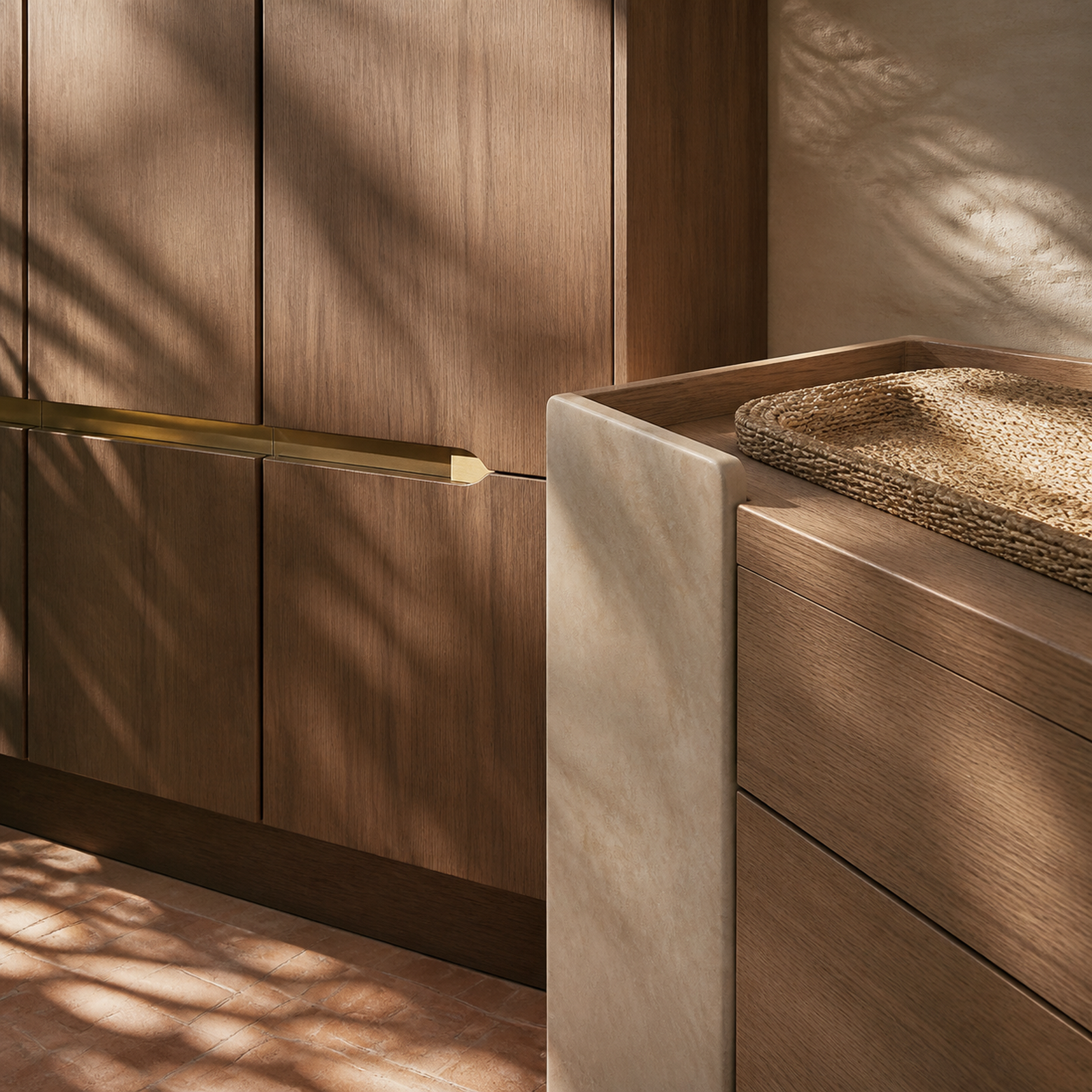 Fadior Voyage Wardrobe Suite with Ipe Valet Island Alcove — close-up of stainless steel finish and hardware detail