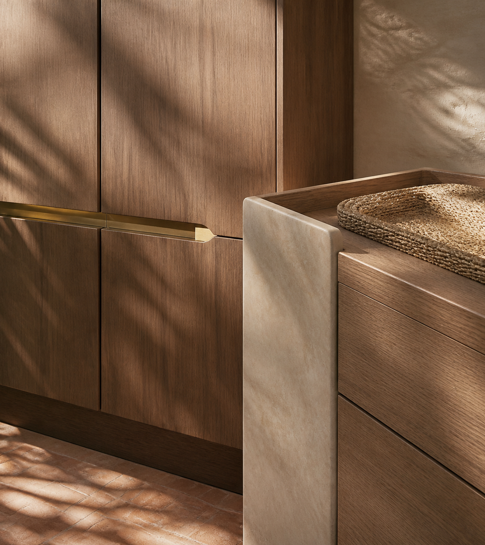 Fadior Voyage Wardrobe Suite with Ipe Valet Island Alcove — close-up of stainless steel finish and hardware detail