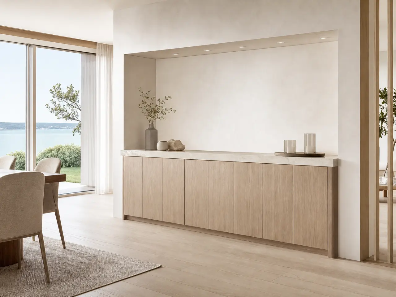 Fadior Cru Wine Cabinet Suite with Quartz Tasting Parapet - built-in stainless steel wine cabinet with bottle display, glass-front storage, lighting, and closed reserve storage