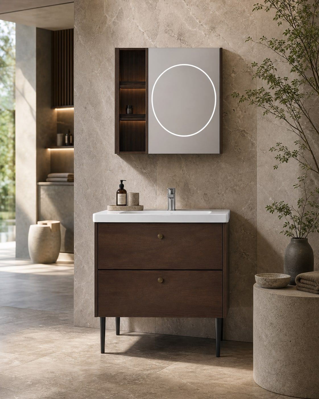 Bathroom Vanity Cabinet (BV-014) styled in a FADIOR HOME interior setting