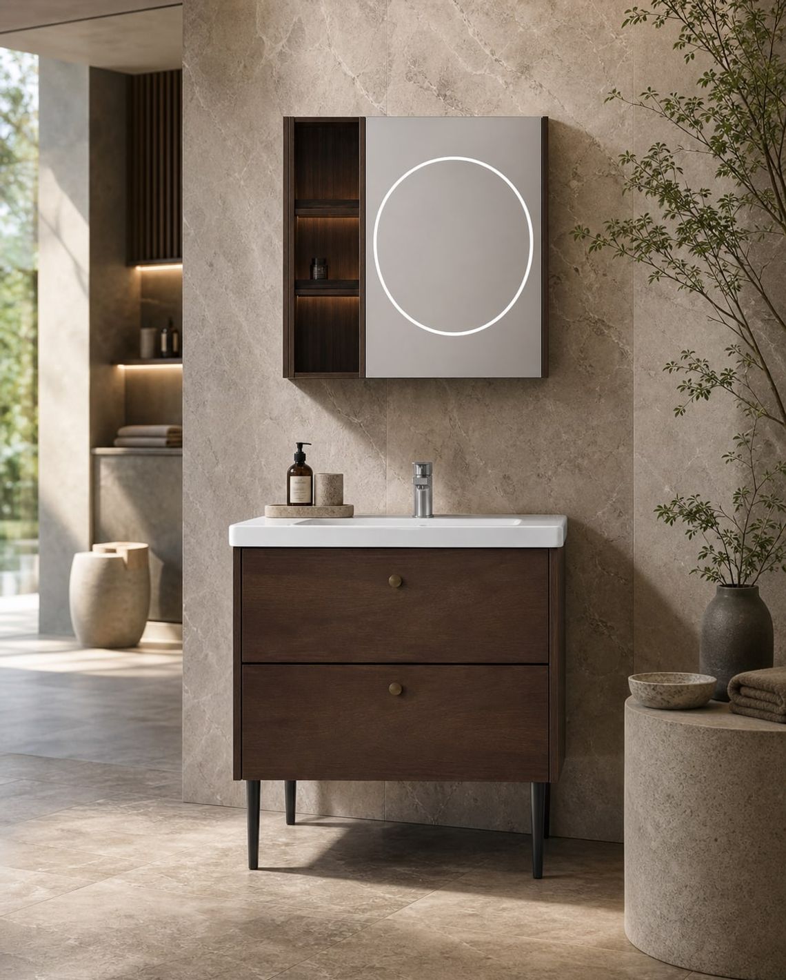 Bathroom Vanity Cabinet (BV-014) styled in a FADIOR HOME interior setting