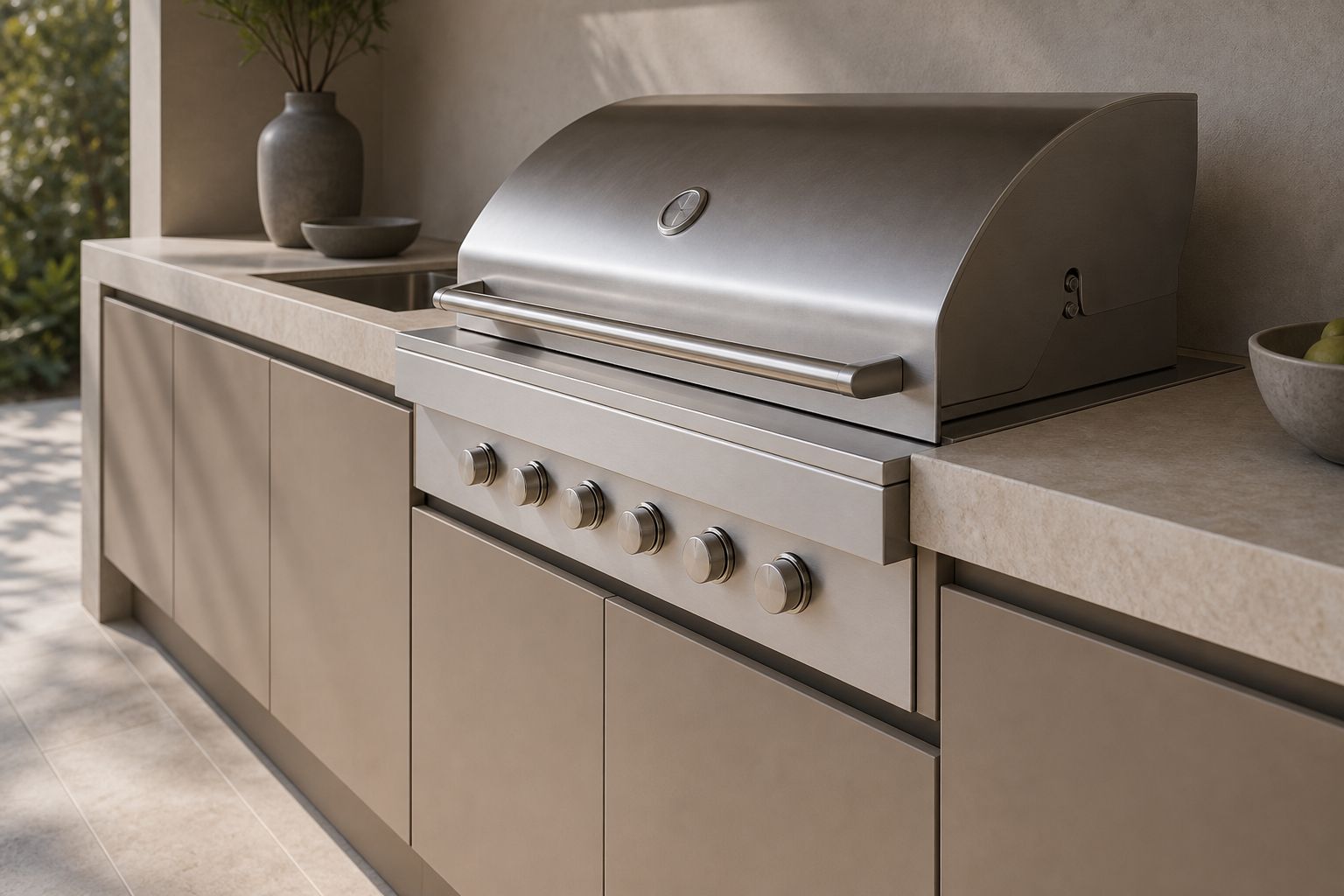 Fadior Vantage Outdoor Kitchen Suite with Courtyard Grill Spine — close-up of stainless steel finish and hardware detail