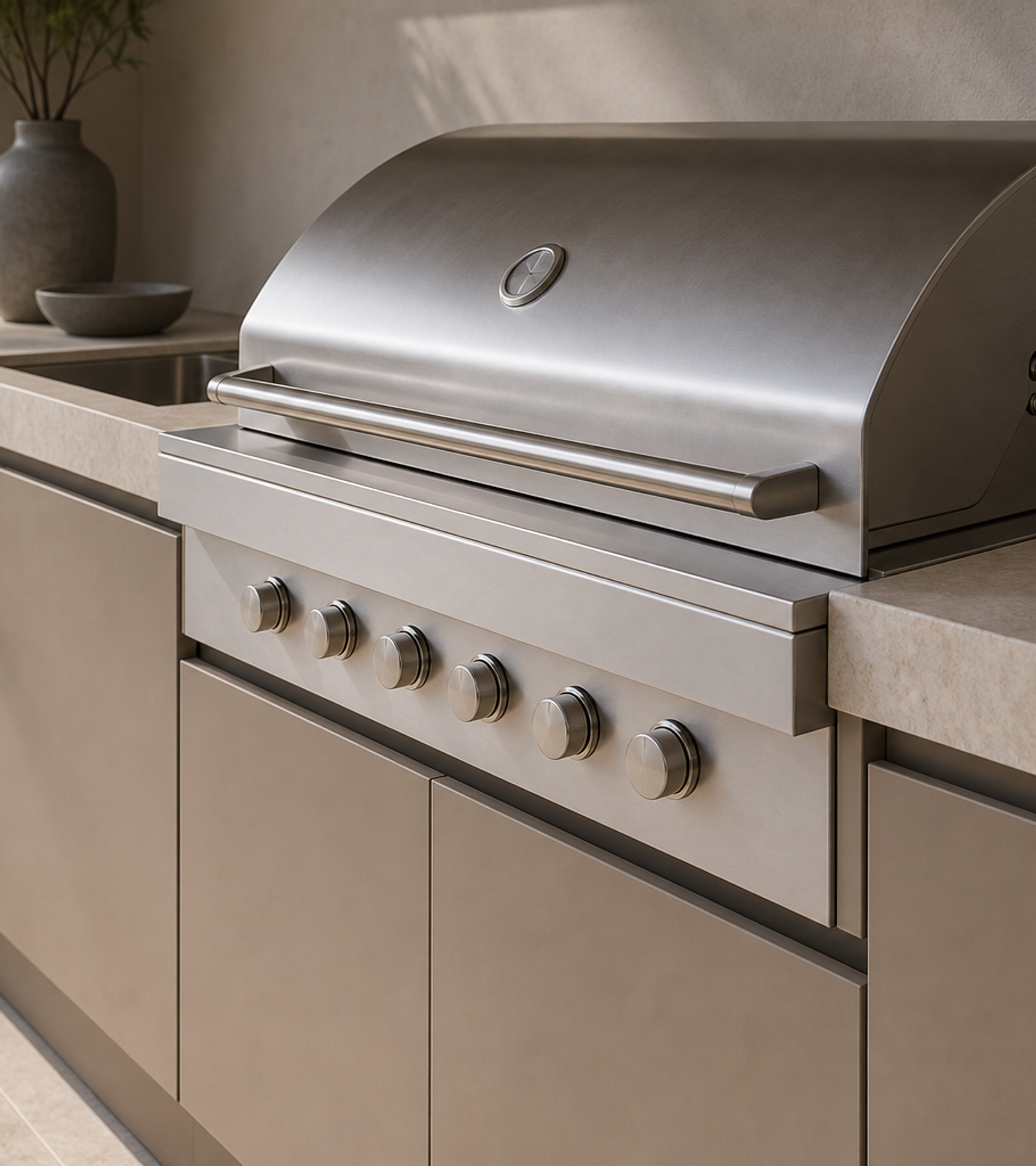 Fadior Vantage Outdoor Kitchen Suite with Courtyard Grill Spine — close-up of stainless steel finish and hardware detail