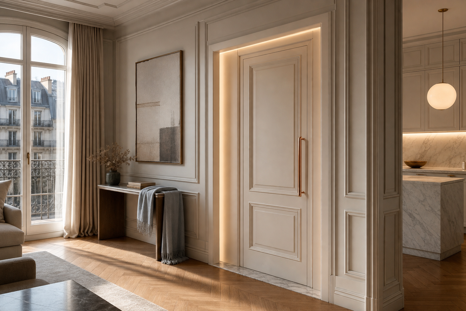 Suite de puerta interior Silhouette con jamba iluminada de textura lino estudio de adaptación