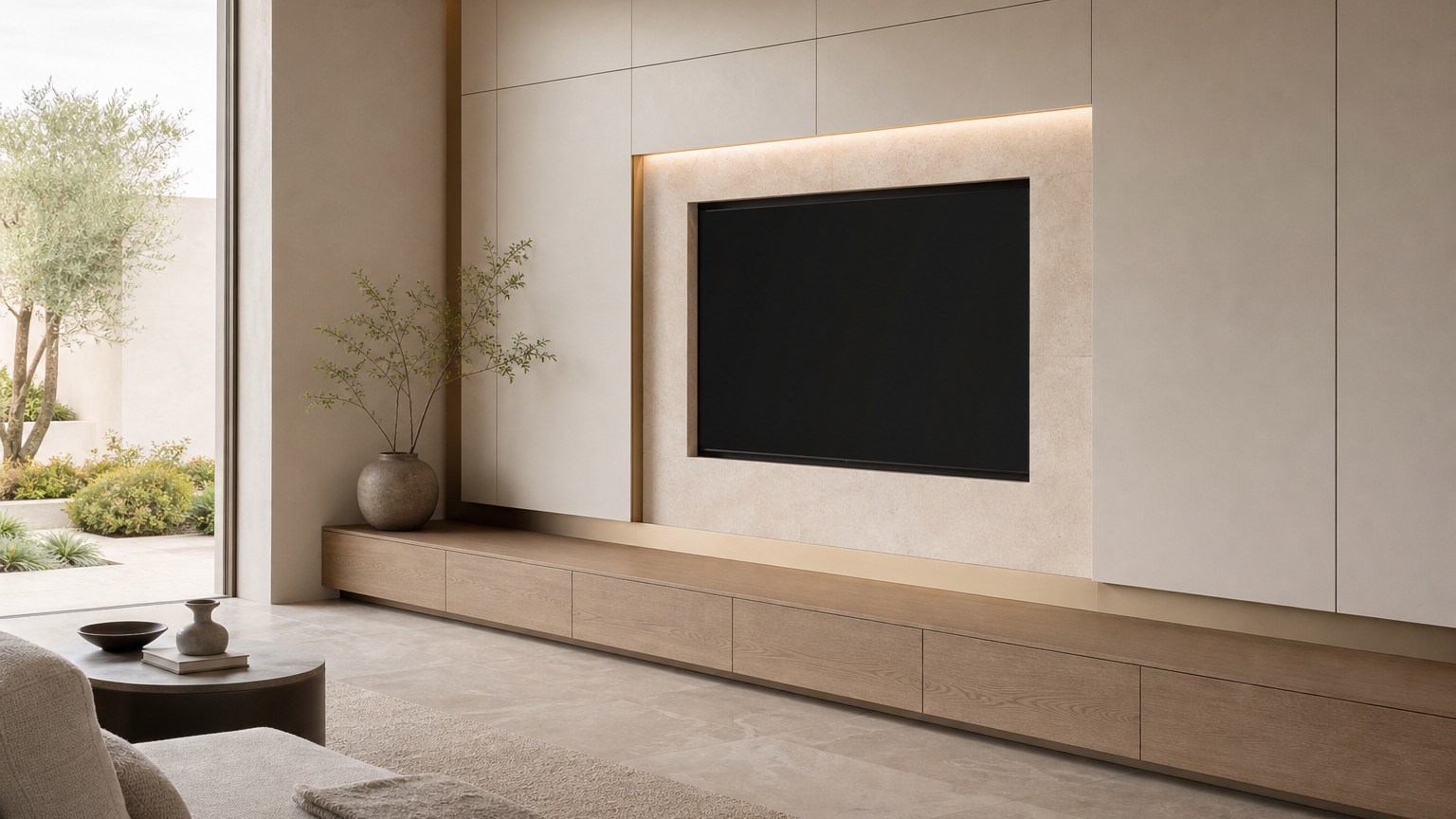 Fadior Silvan Living Room Suite with Lowline Media Hearth — lifestyle setting with natural light and residential styling