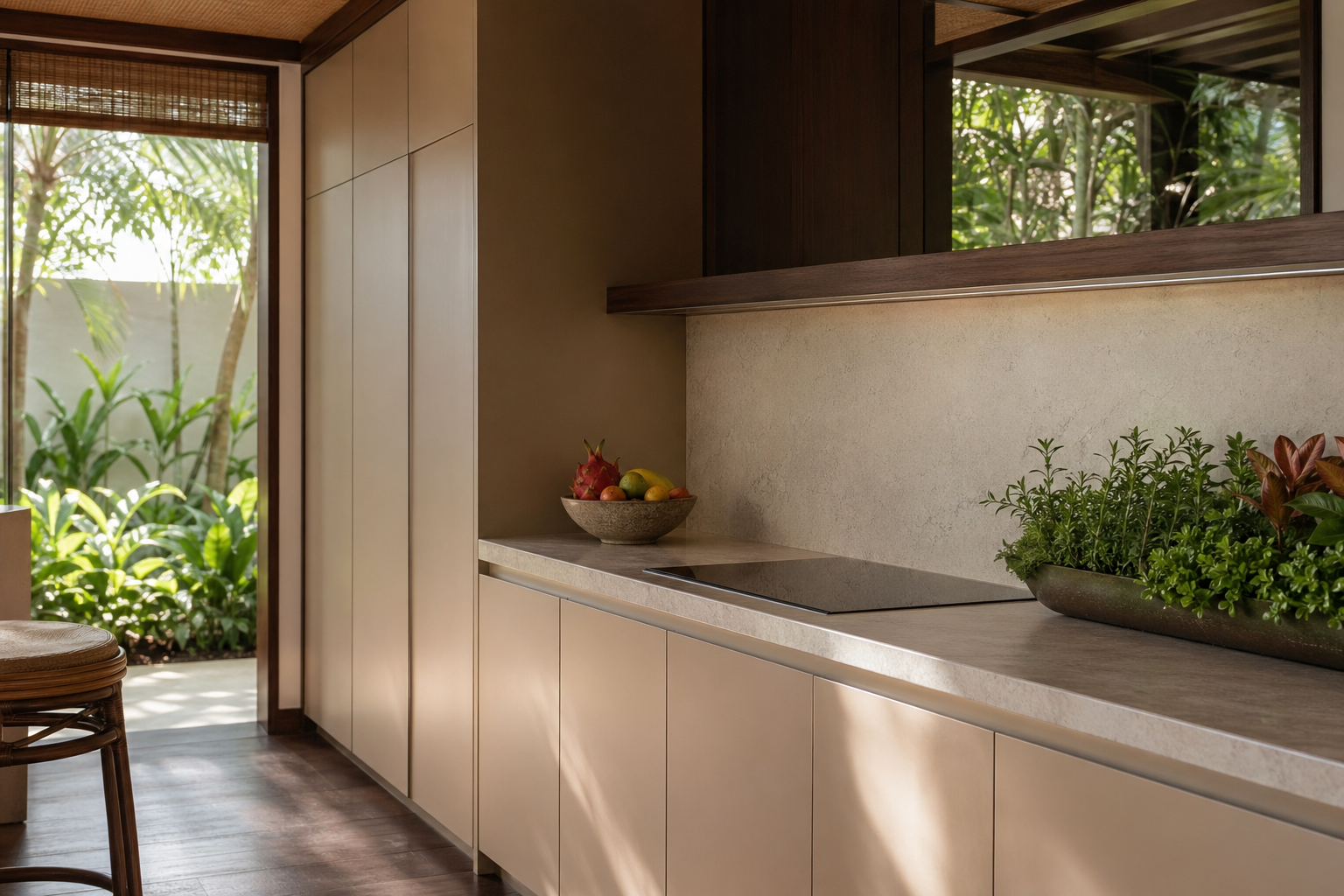 Fadior Singapore Private Club — kitchen counter, pantry wall, rattan chair, garden window