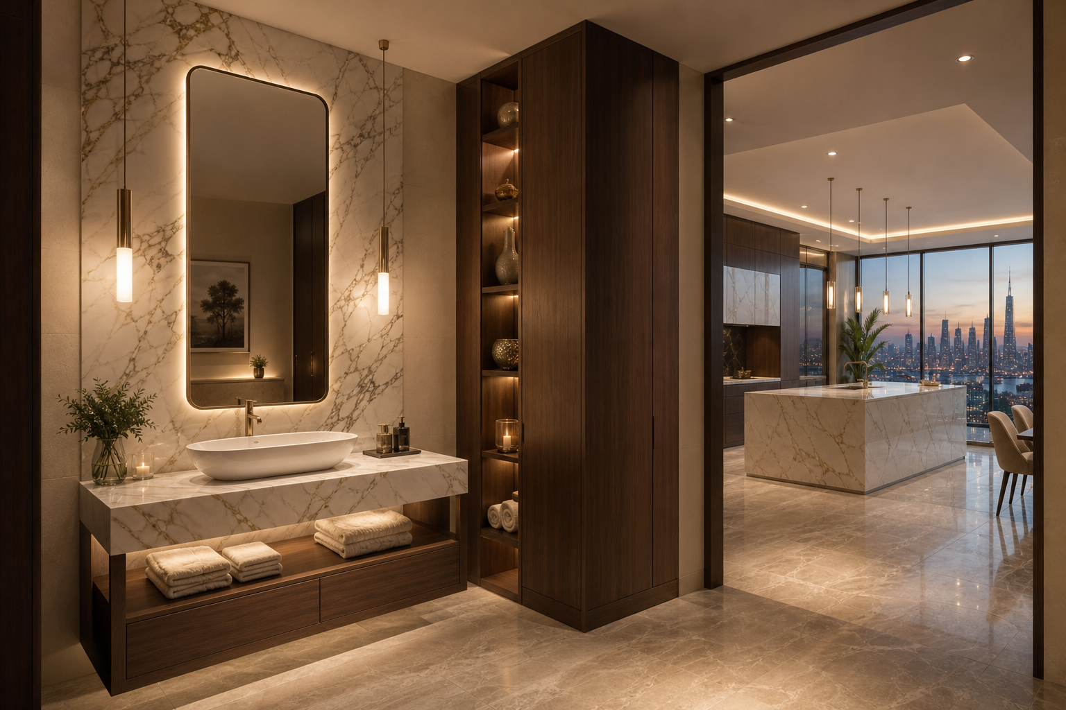 Fadior Dubai 180 sqm Kitchen Bath Penthouse — Dubai powder vanity with marble counter, mirror, walnut storage tower, towels,
