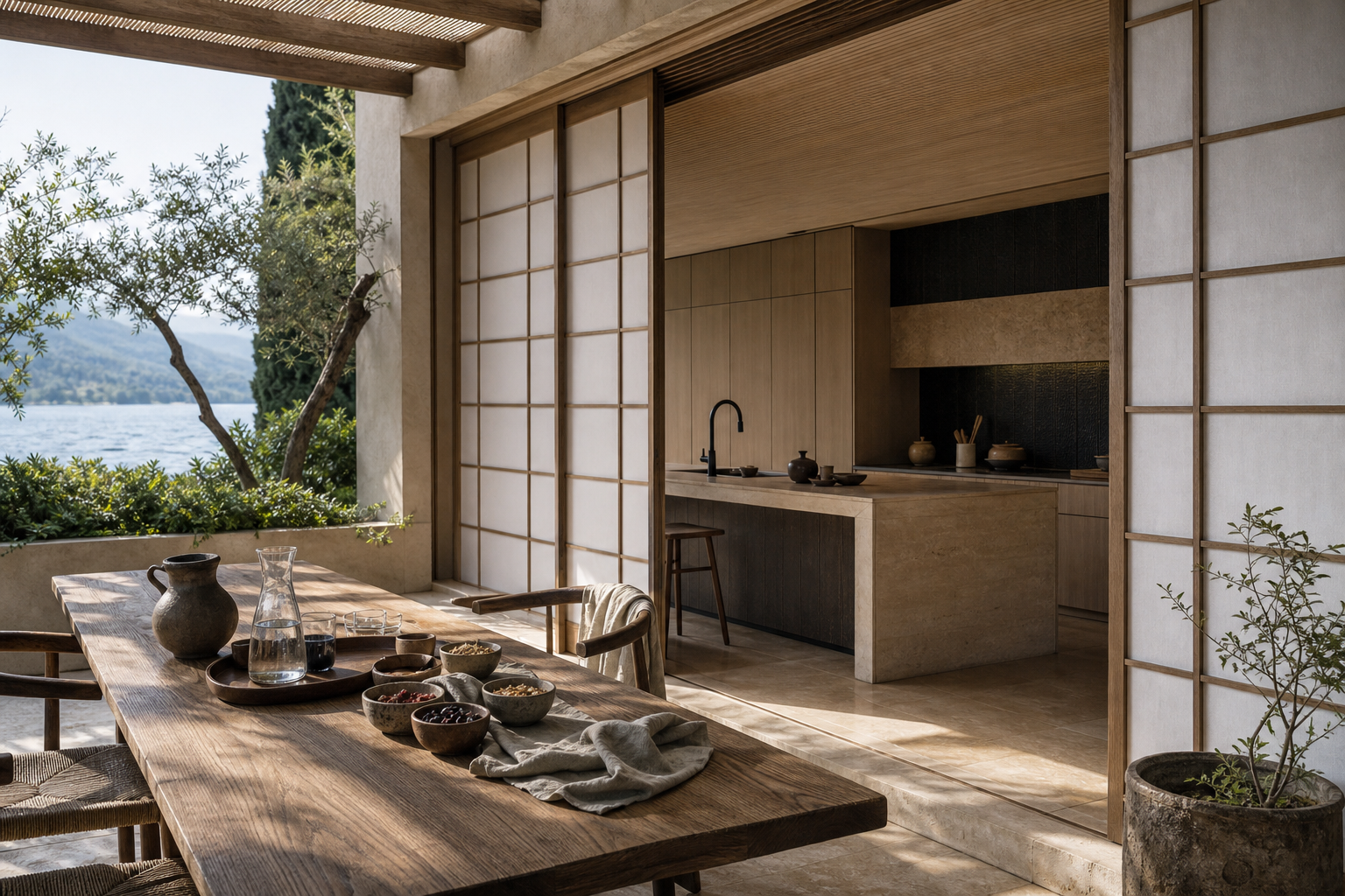 Fadior Como 320 sqm Kitchen Villa — Como terrace breakfast with wood table, kitchen cabinets, rice paper screens, lake view,