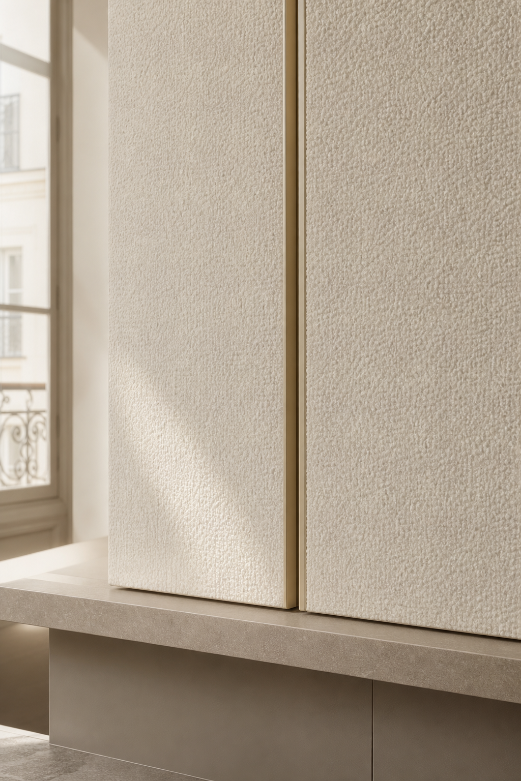 Fadior Lumiere Wardrobe Suite with Boucle Pocket Dressing Wall — close-up of stainless steel finish and hardware detail