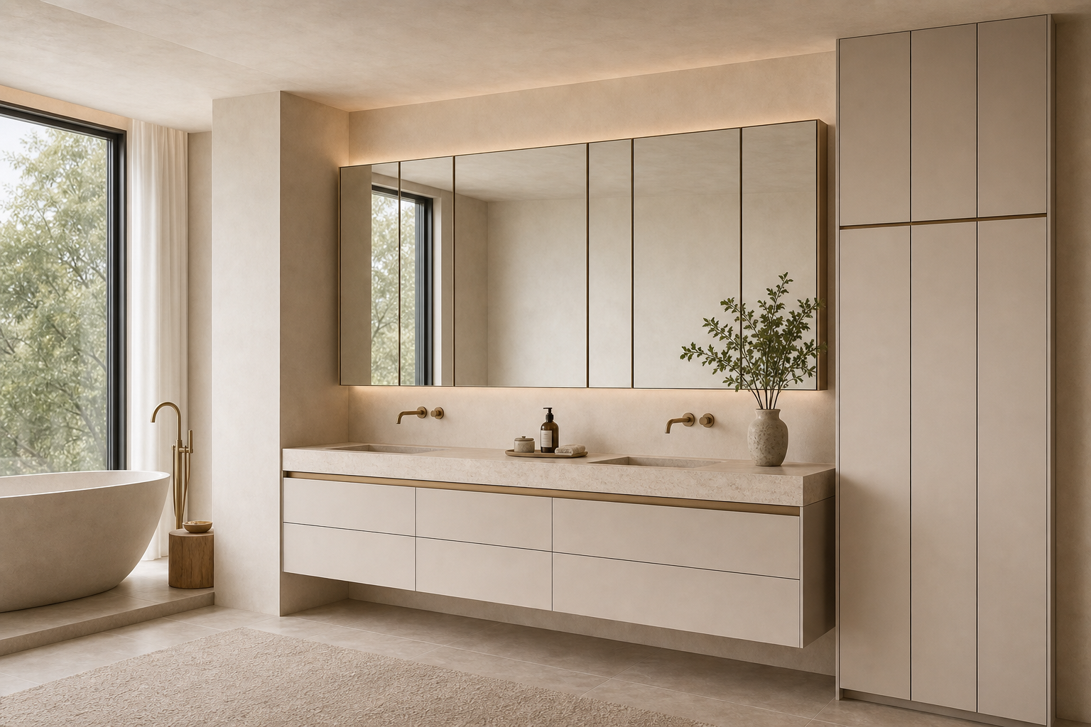 Fadior Ethereal Bath and Vanity Suite with Tailored Mirrorline Grid — interior room context showing cabinet integration