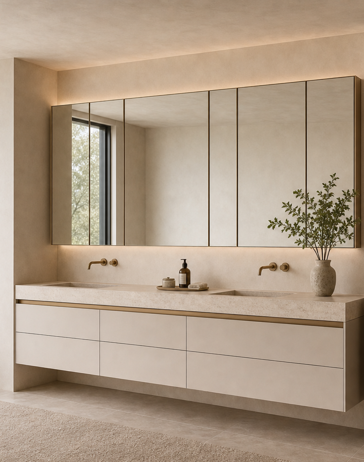 Fadior Ethereal Bath and Vanity Suite with Tailored Mirrorline Grid — interior room context showing cabinet integration