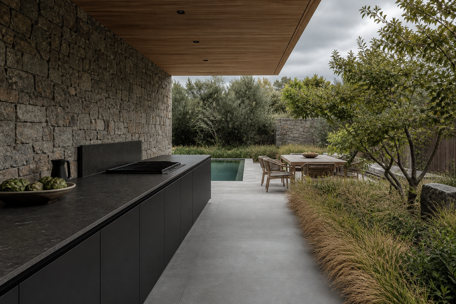 Fadior Horizon Outdoor Kitchen Suite with Porcelain Cantilever Prep Pavilion — interior room context showing cabinet