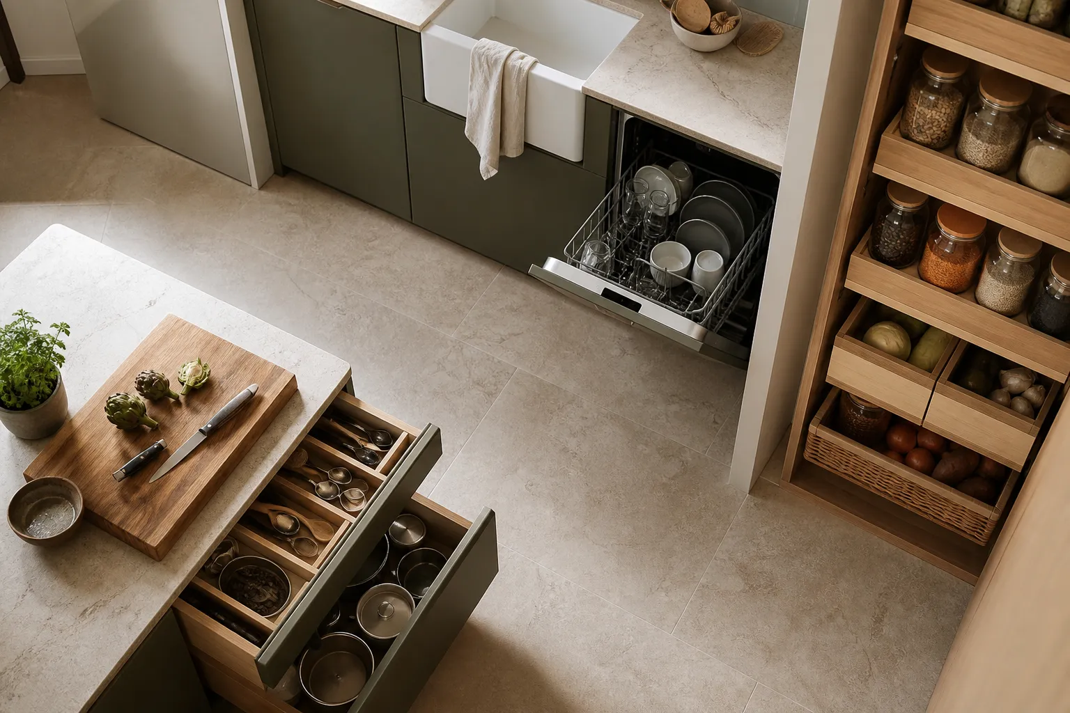 Overhead kitchen view showing preparation, cleanup, and pantry storage zones