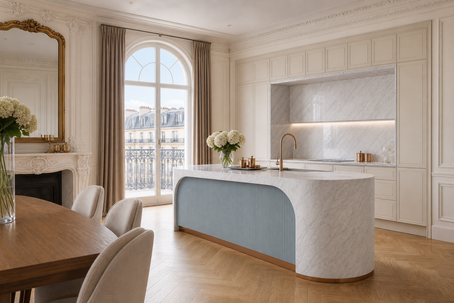 Fadior Riviera Kitchen Suite with Arched Coastal Prep Island — interior room context showing cabinet integration