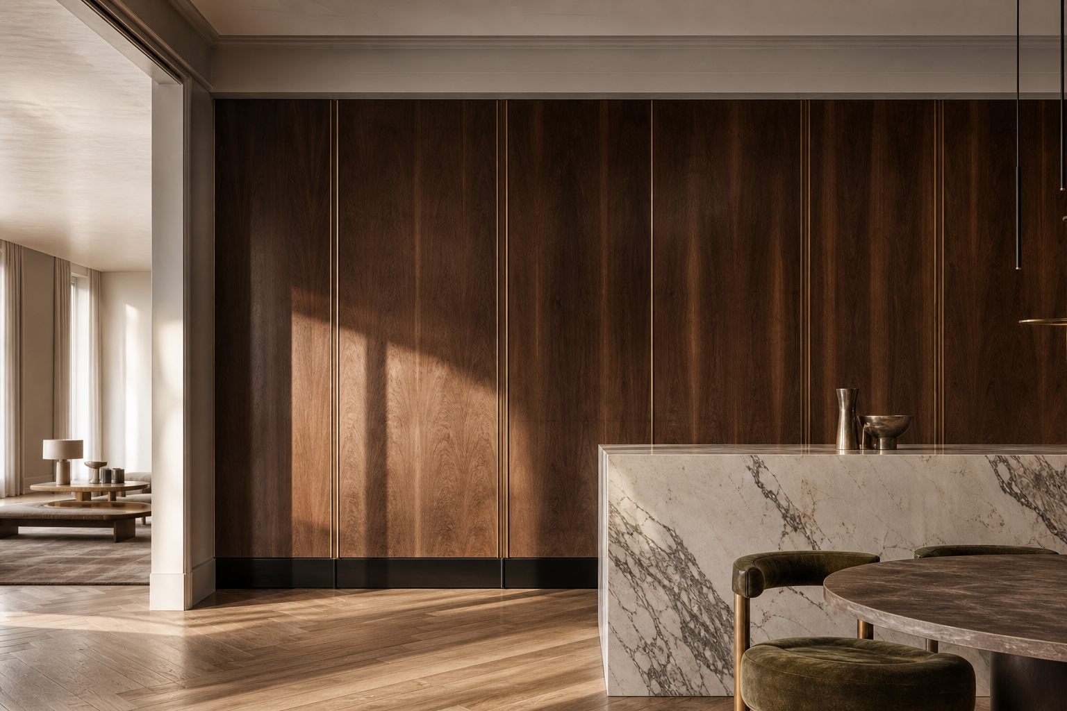 Fadior Miroir Wall Panel Suite with Floorline Plinth Alignment — 304 stainless steel wall panel system, front view