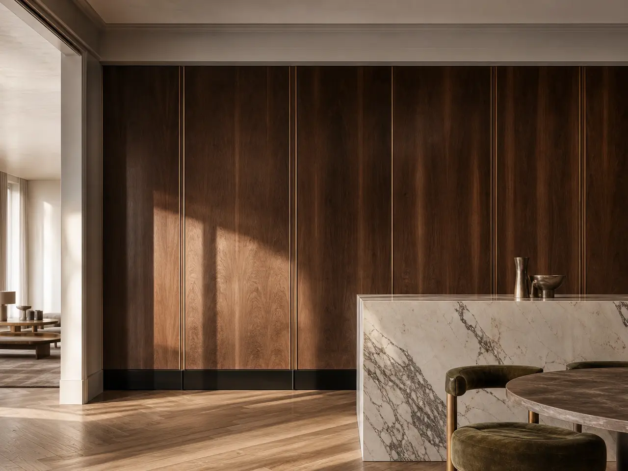 Fadior Miroir Wall Panel Suite with Floorline Plinth Alignment - 304 stainless steel wall panel system with textured surfaces, shadow reveals, integrated lighting, and concealed doors
