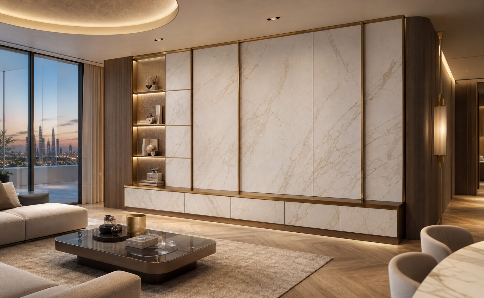 Fadior Veneto Living Room Suite with Bronze Frame Lounge Grid — interior room context showing cabinet integration