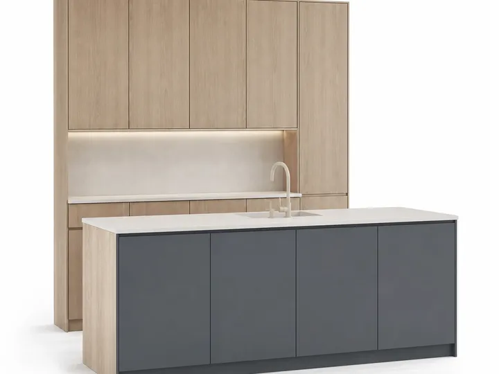 Fadior Pavilion Kitchen Suite with Soft Slate Scullery Peninsula — 304 stainless steel kitchen system, front view