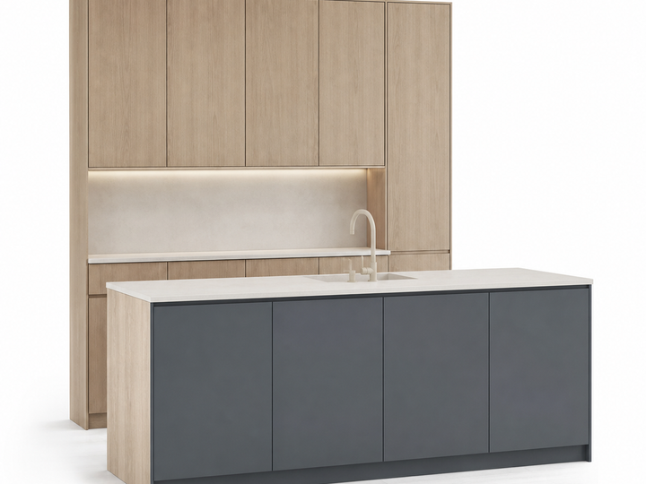Fadior Pavilion Kitchen Suite with Soft Slate Scullery Peninsula — 304 stainless steel kitchen system, front view