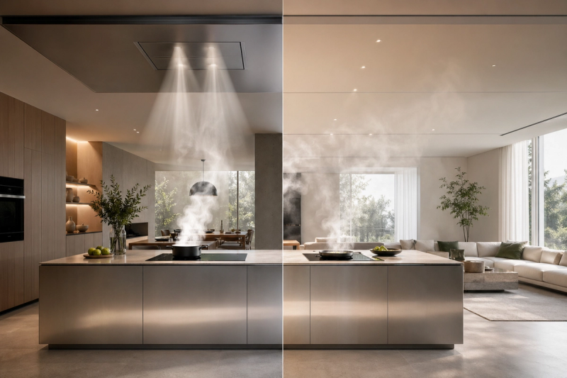 Decision comparison scene: an open-plan island kitchen showing the contrast between calm overhead capture and a more compromised low-profile extraction choice.