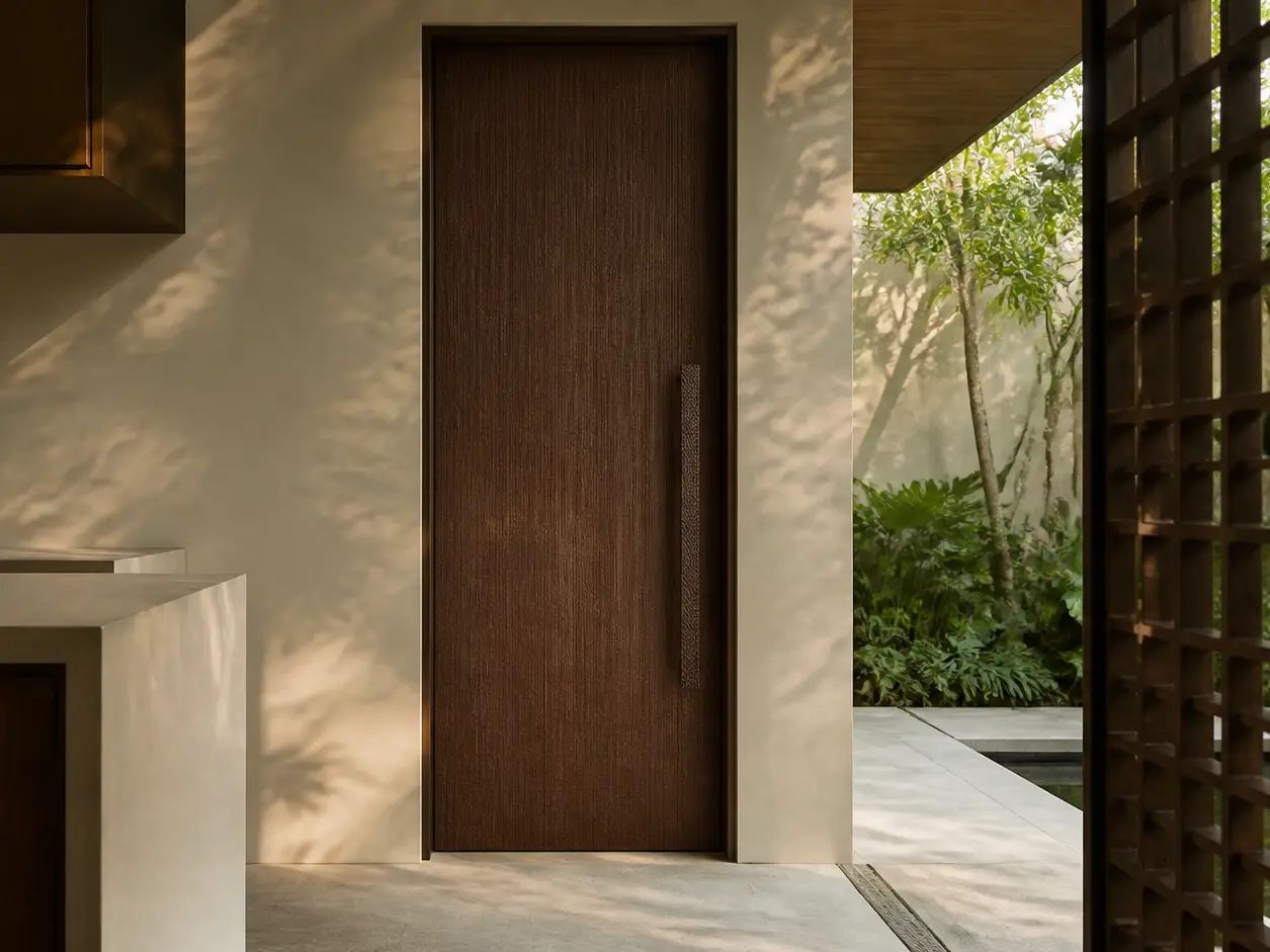 Fadior Alabaster Interior Door Suite with Contour Quietline Door - full-height stainless steel interior door with concealed frame, quiet hardware, and matching wall panel continuity