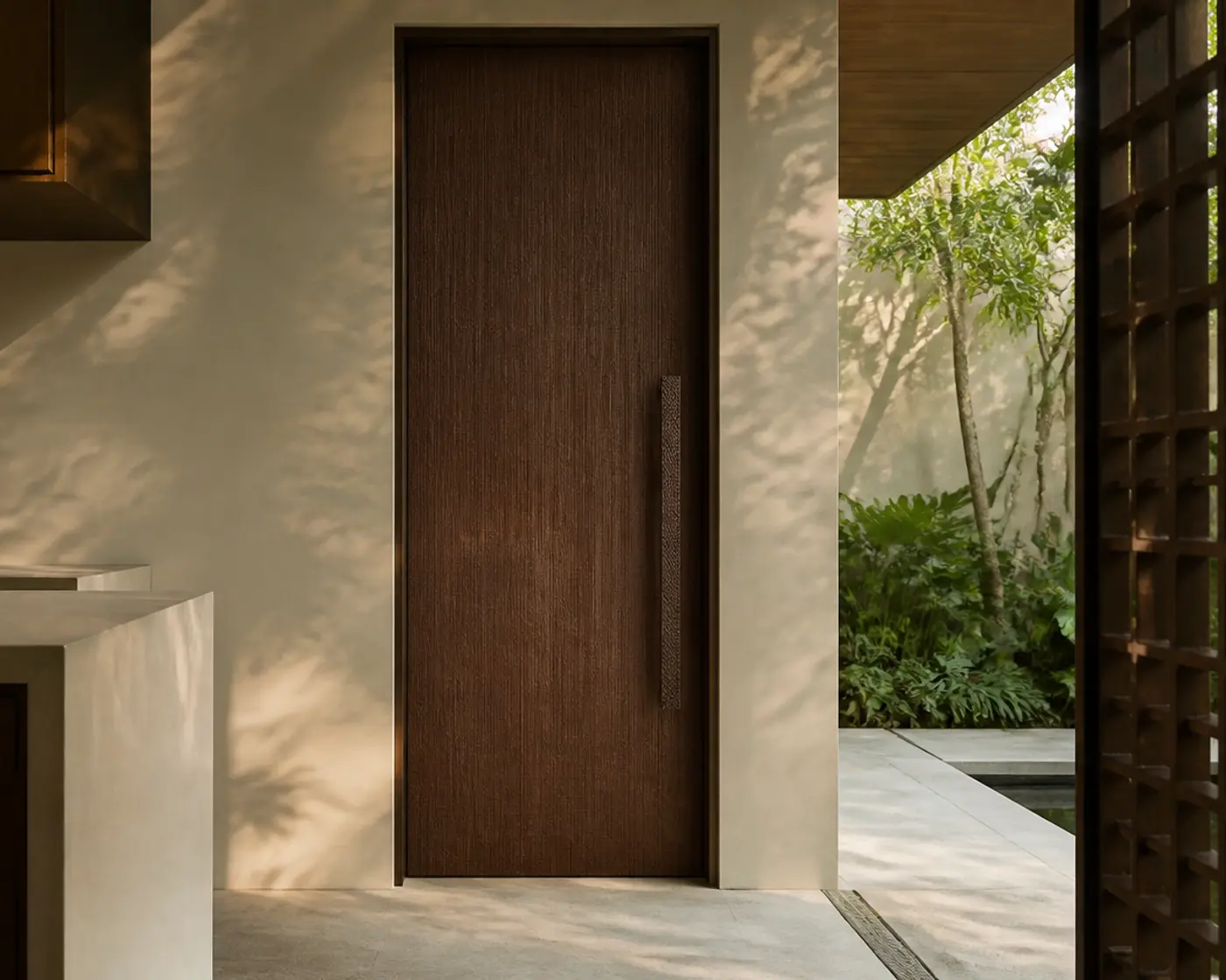 Full-height stainless steel interior door with concealed frame and matching wall panels by Fadior