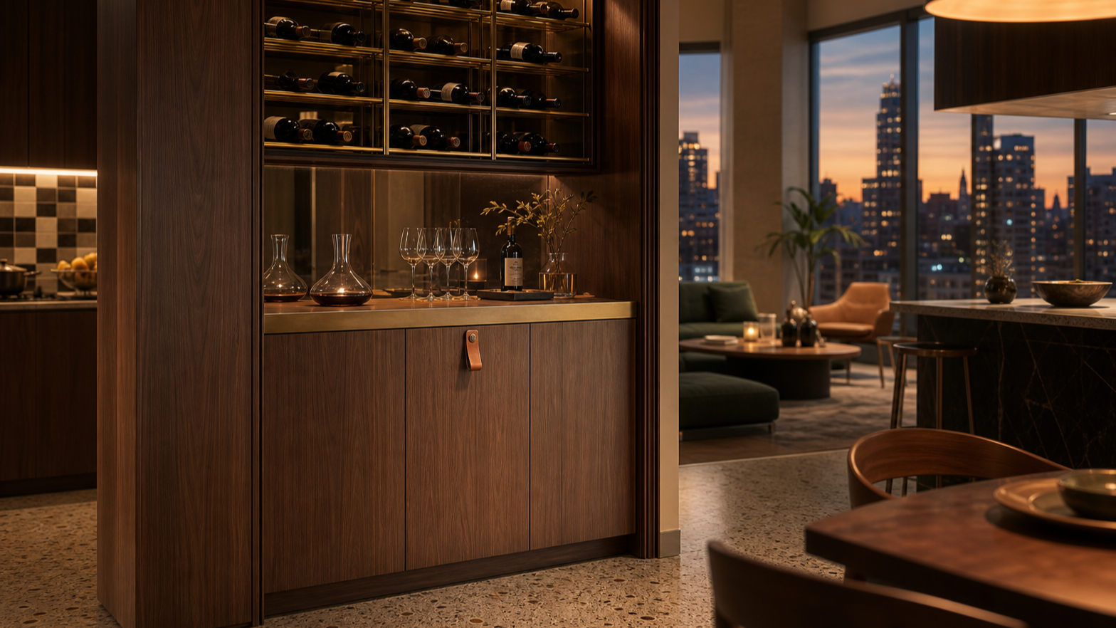 Fadior Grotto Wine Cabinet Suite with Cognac Sommelier Credenza — lifestyle setting with natural light and residential