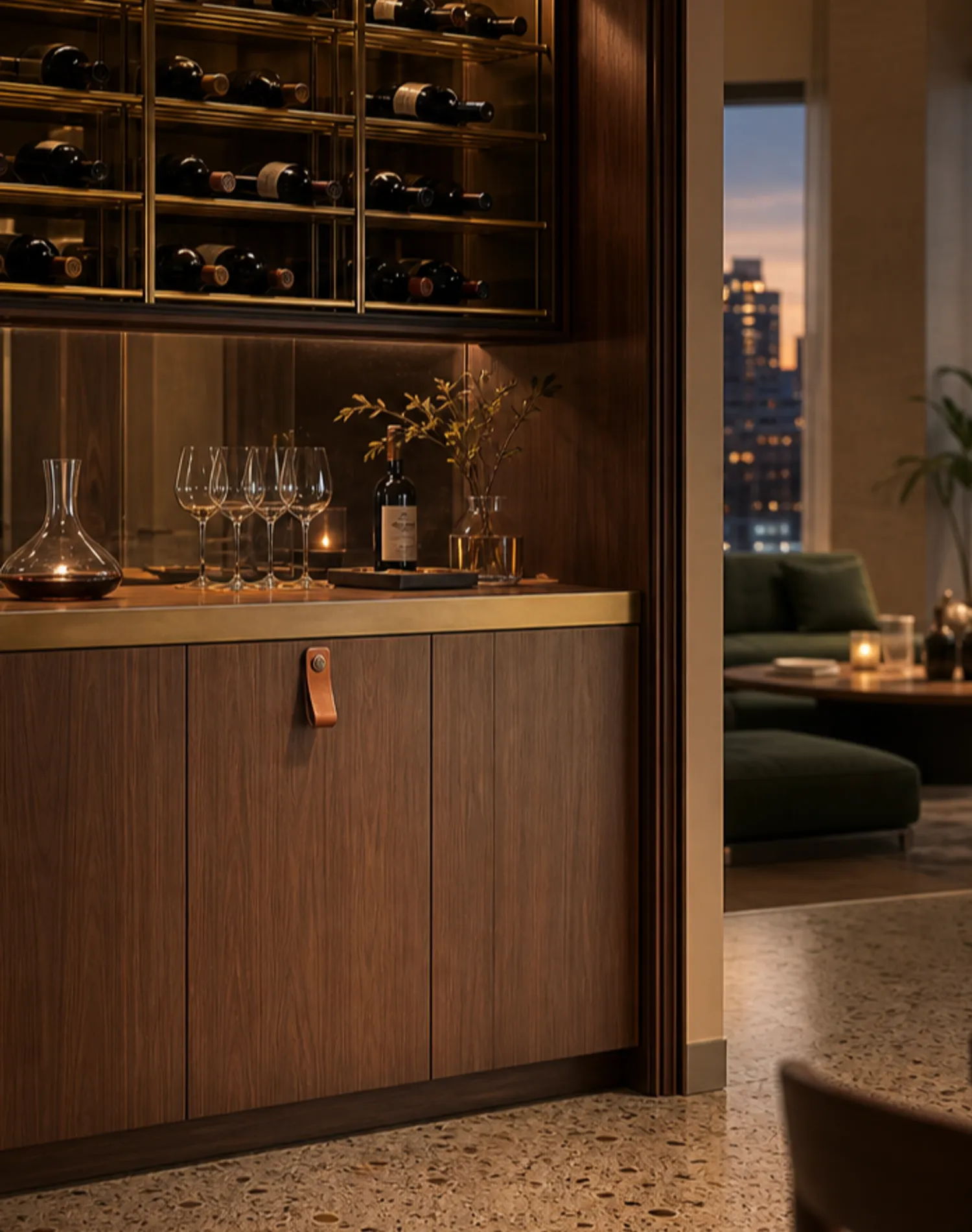 Fadior Grotto Wine Cabinet Suite with Cognac Sommelier Credenza — lifestyle setting with natural light and residential