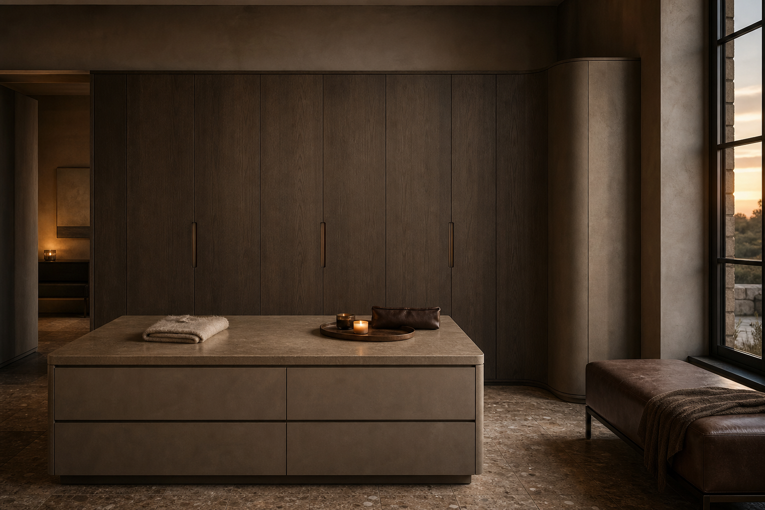 Fadior Eclipse Wardrobe Suite with Hybriq Mineral Dressing Island — lifestyle setting with natural light and residential