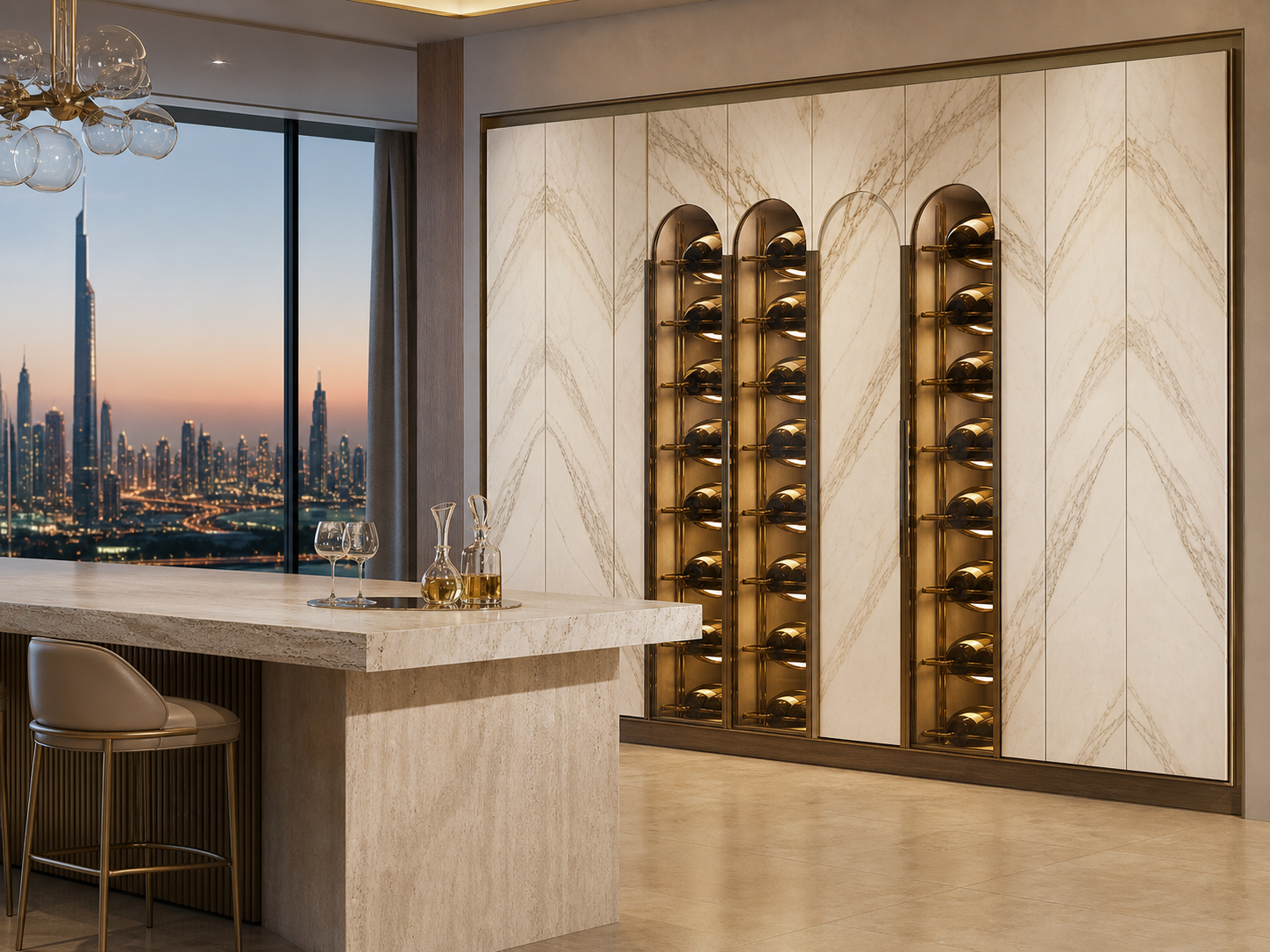 Fadior Estuary Wine Cabinet Suite with Calacatta Magnum Arcade — interior room context showing cabinet integration