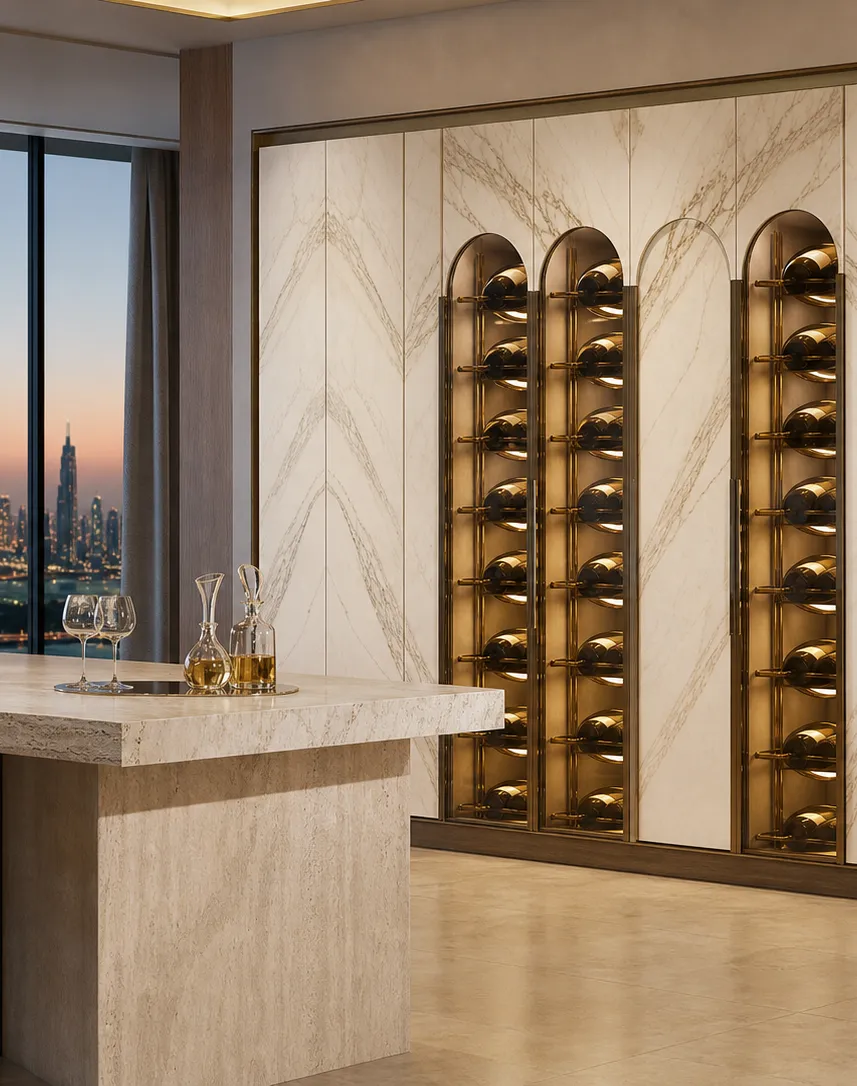 Fadior Estuary Wine Cabinet Suite with Calacatta Magnum Arcade — interior room context showing cabinet integration