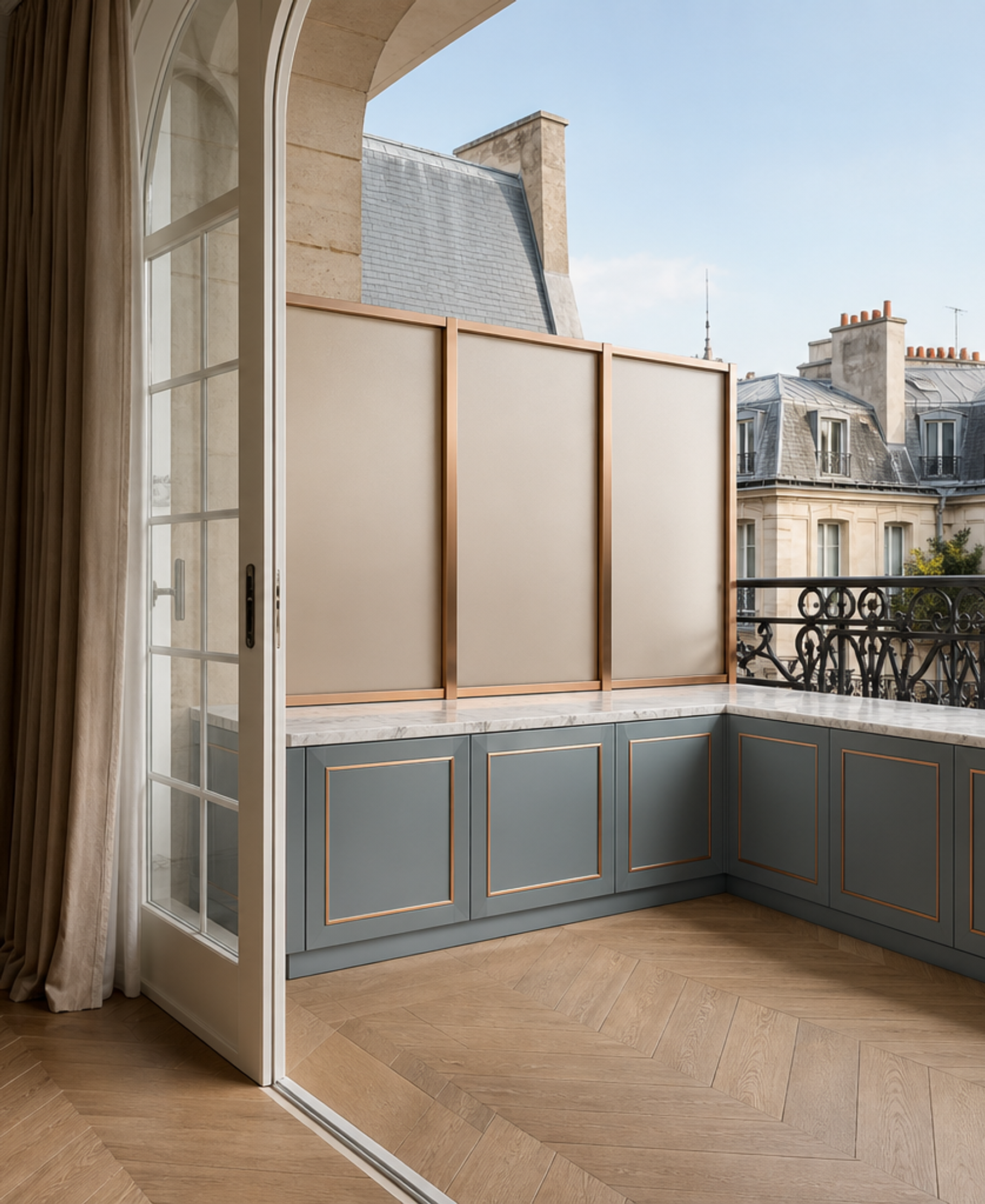 Fadior Soleil Balcony Suite with Privacy Eave Console — 304 stainless steel balcony system, front view