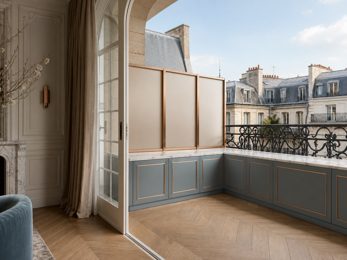 Fadior Soleil Balcony Suite with Privacy Eave Console — 304 stainless steel balcony system, front view