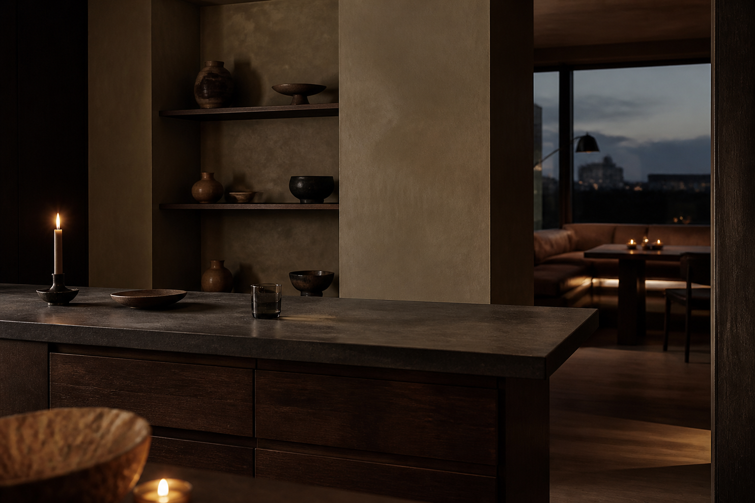 Fadior Copenhagen 140 sqm Kitchen Apartment — A wide kitchen counter and dark cabinet front sit beside open shelves,