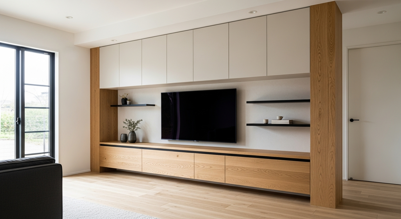 Fadior Essence TV Cabinet Solution — lifestyle setting with natural light and residential styling