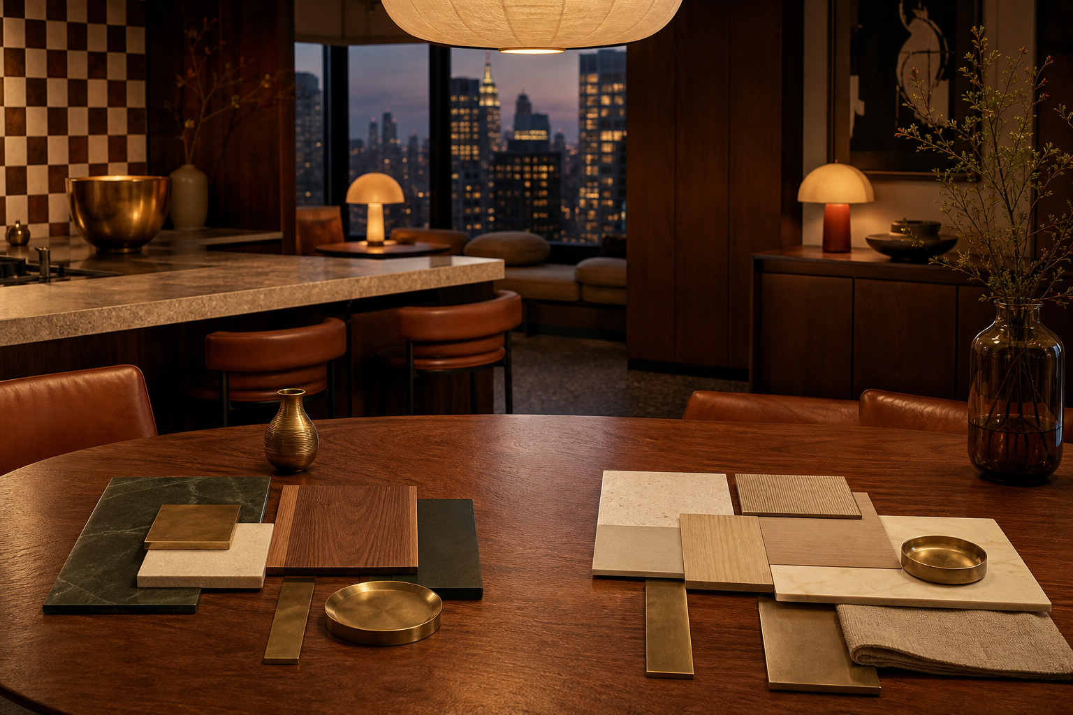 Evening kitchen dining context with warm panels and city glow for fixture investment thinking.