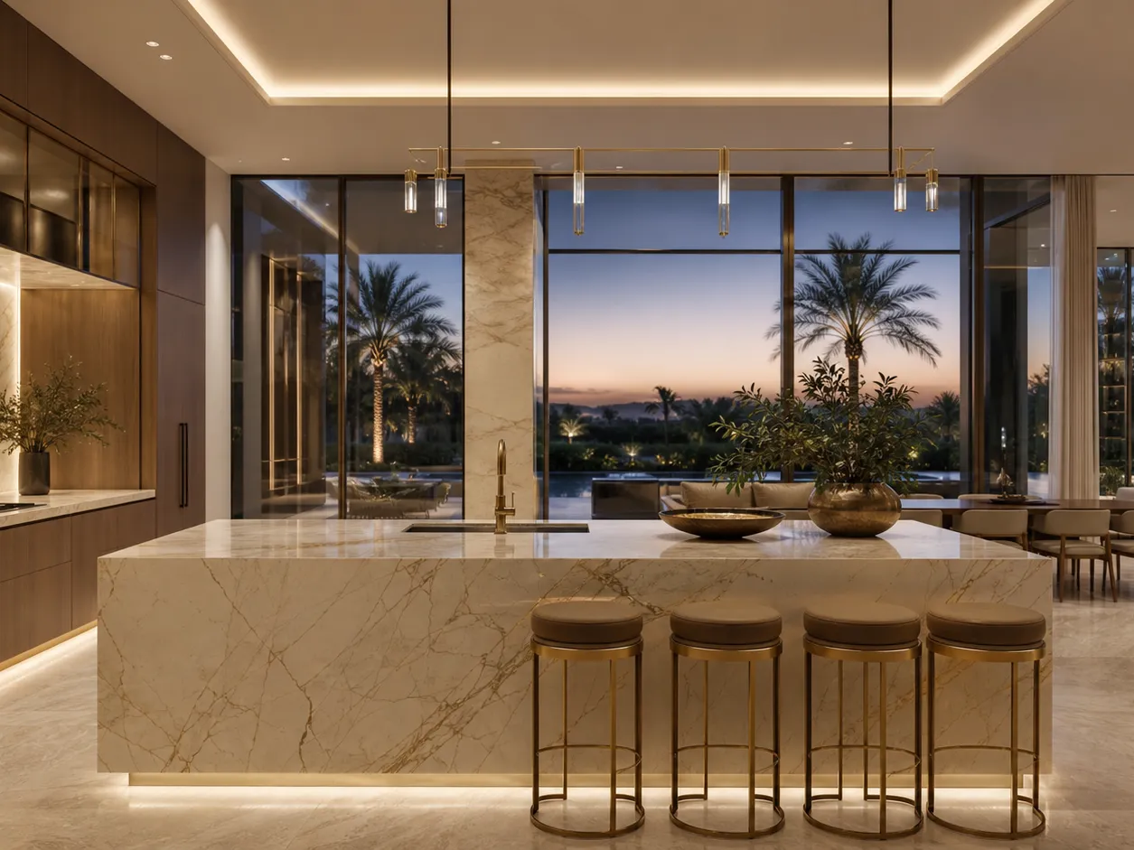 Luminous high-end villa kitchen with a large island and desert garden view at dusk. — 304 stainless steel cabinetry editorial by Fadior
