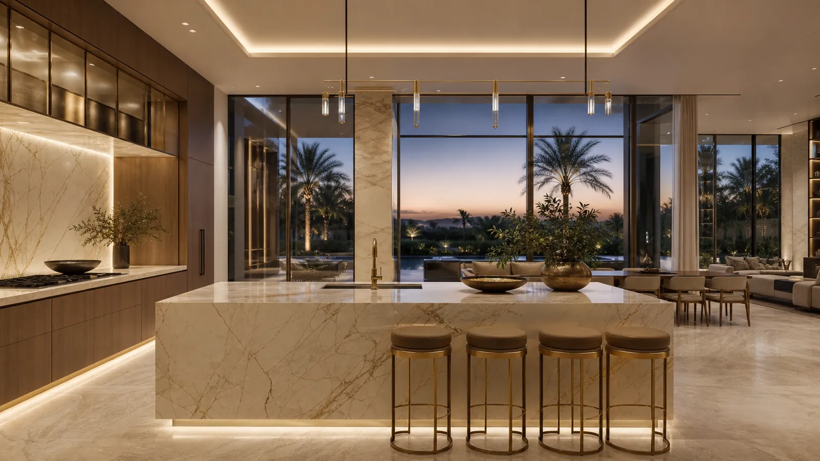 Luminous high-end villa kitchen with a large island and desert garden view at dusk.