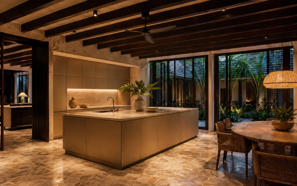 Fadior Singapore Private Club — bar island, timber ceiling, stone floor, courtyard palm — 304 stainless steel cabinetry installation by Fadior