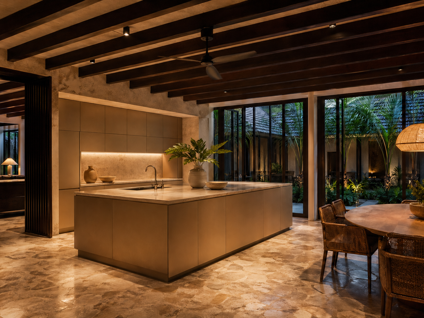Fadior Singapore Private Club — bar island, timber ceiling, stone floor, courtyard palm