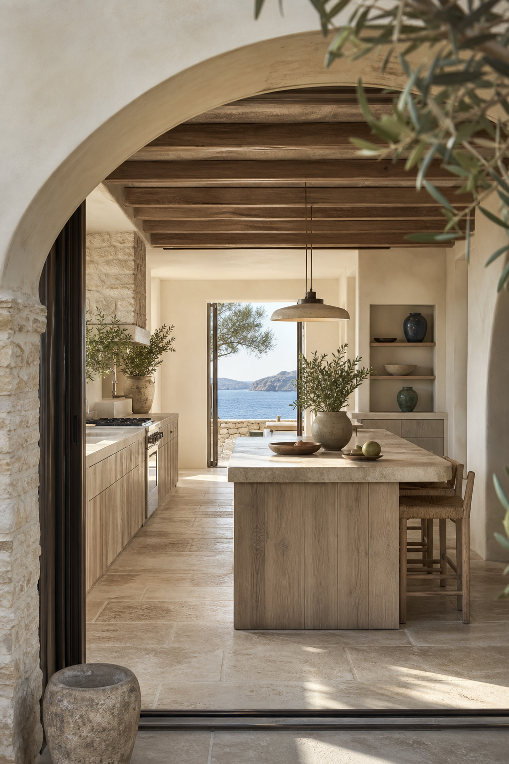 Surface mood study: limestone, travertine, teak, and whitewashed plaster for sourcing decisions.