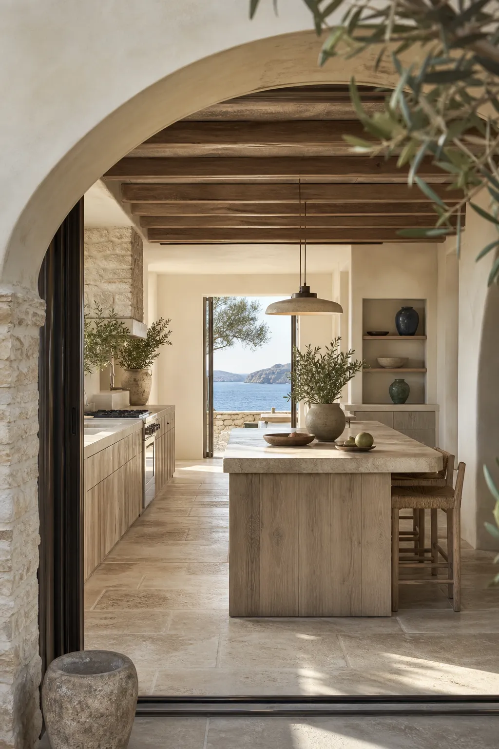 Surface mood study: limestone, travertine, teak, and whitewashed plaster for sourcing decisions.