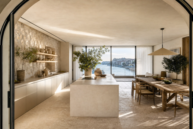 Fadior Hangzhou 220 sqm Kitchen Penthouse — Hangzhou penthouse kitchen island, pantry wall, travertine floor, teak table,